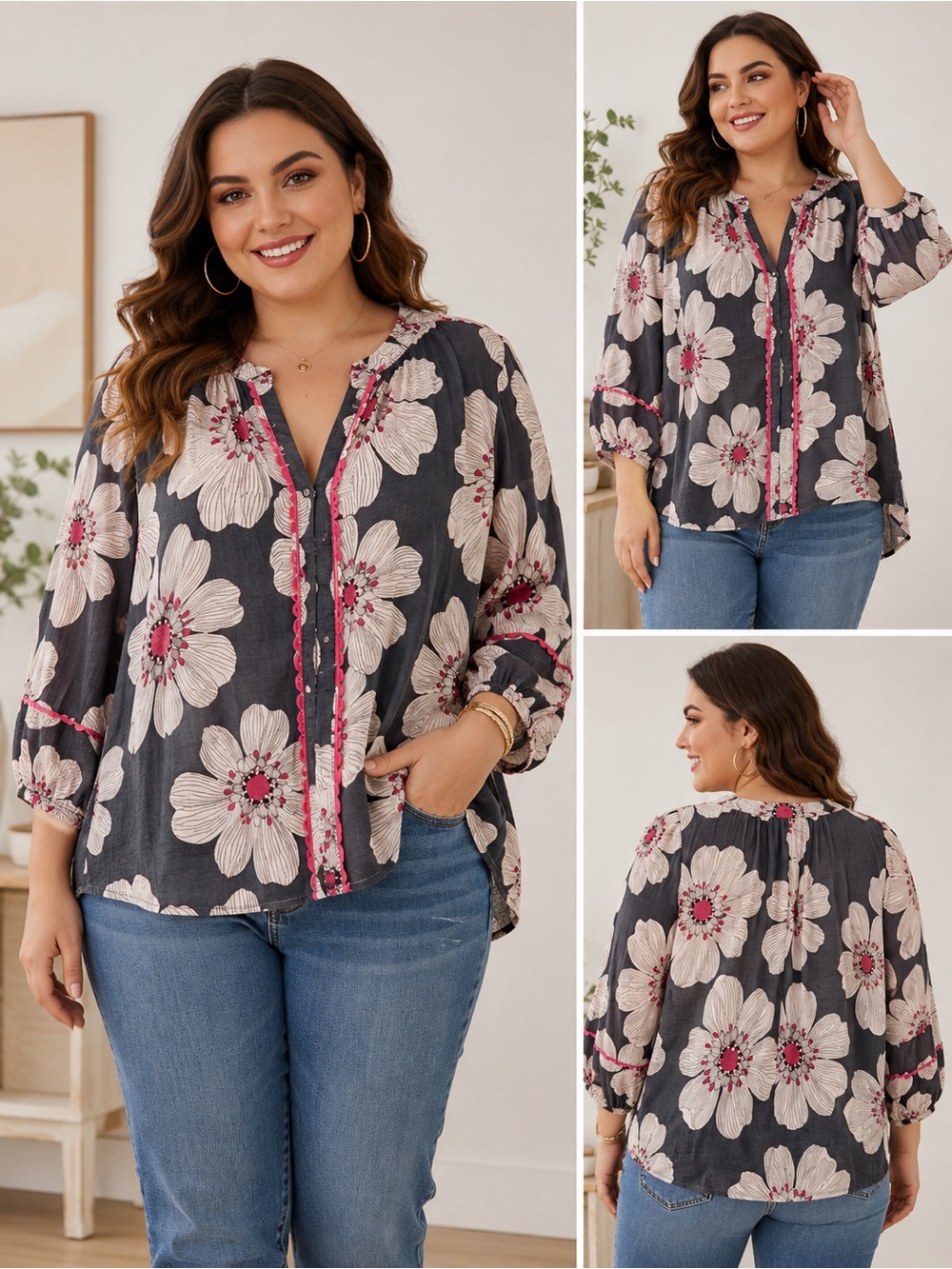 Oddi Los Angeles 1X Black Floral Boho Blouse Pink Trim Lightweight